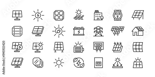 Comprehensive solar energy icon set featuring minimalist outlines depicting various renewable power solutions including solar panel installation power grid connection vector illustration. 