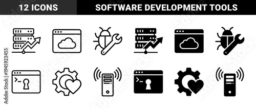 Software development and data management hybrid icons featuring server analytics cloud browser bug fixing tools and secure access encryption symbols