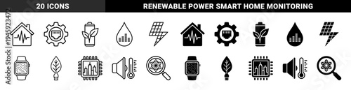 Hybrid Smart Technology and Sustainable Energy Icons Featuring Eco Battery Leaf Solar Power Grid and Smart Home Automation Systems