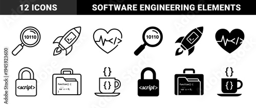 Monochrome hybrid software development icons merging programming syntax with magnifying glass rocket heart lock briefcase and coffee mug symbols