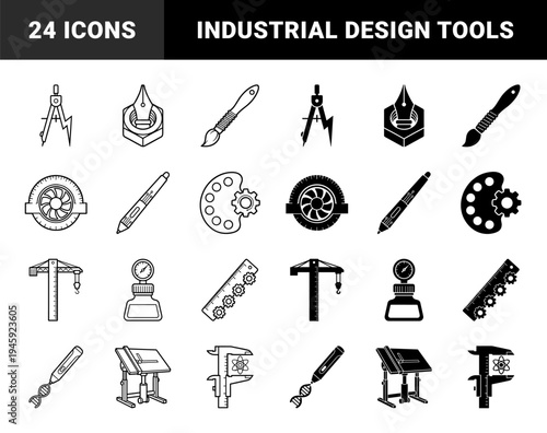 Hybrid engineering and design tools combining drafting equipment with industrial components like gears nuts and measuring rulers in dual line and solid styles