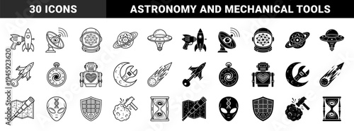 Hybrid celestial and scientific icons featuring astronomical symbols merged with mechanical tools and space exploration elements in dual styles