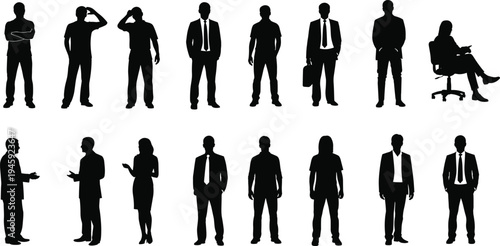 People silhouettes, business attire, casual clothing, standing figures, seated poses, gesture icons, posture symbols, abstract illustration, social concept, stock vector