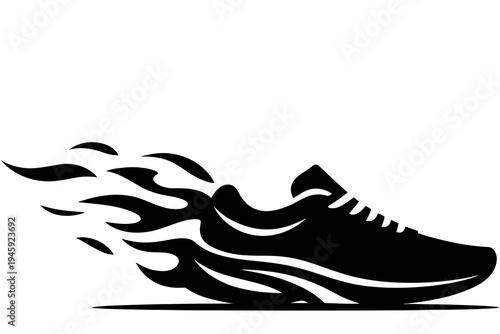A black and white illustration of a running shoe with flames trailing behind