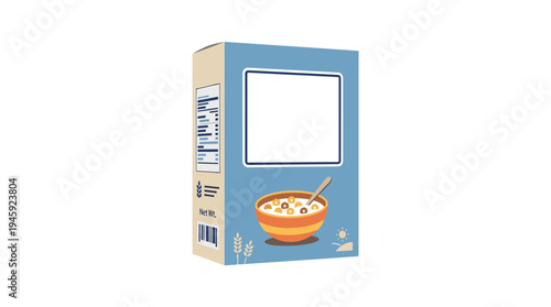 A blue and beige cereal box with a bowl of cereal on it.