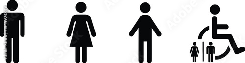 Restroom and accessibility icons set including male female and disabled symbols, universal public toilet signage vector illustration