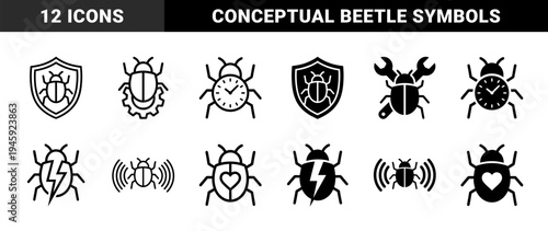 Hybrid bug and insect silhouettes combined with security shield clock lightning bolt heart gear and cloud symbols in line and solid styles