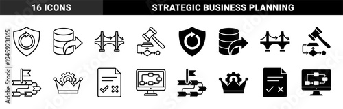 Hybrid Business Strategy and Governance Icons Merging Security Shields with Arrows Data Servers and Legal Gavel Flowcharts