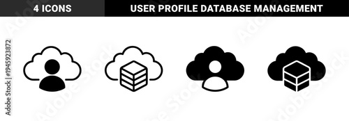 Hybrid cloud computing icons merging user profile and data server storage symbols with outline and solid minimalist graphic styles