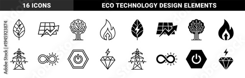 Hybrid renewable energy and sustainable technology icons featuring leaf bolt solar arrow circuit tree flame power line and infinity sun symbols