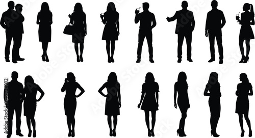 People silhouettes, casual figures, standing poses, talking gestures, phone use, drink holding, handbag icons, abstract illustration, social concept, stock vector
