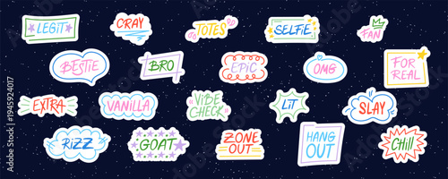 Set of slang words, collection of hand-drawn lettering with doodles of modern short phrases. Gen Z buzzwords, catchphrases vector stickers