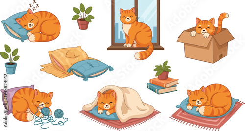 Cute Ginger Cat Cozy Home Activity Collection with Sleeping Kitten, Window Sitting, Playing with Yarn, Blanket Nap and Adorable Pet Cartoon Vector Set