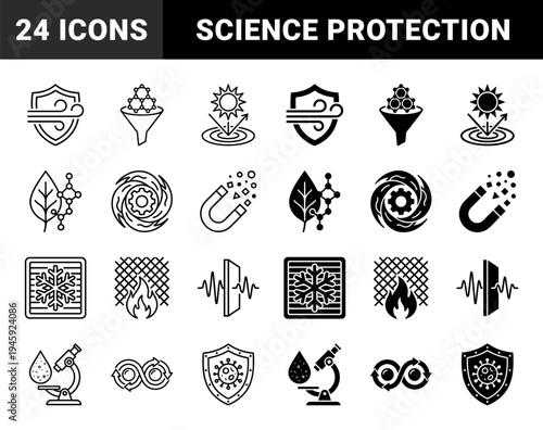 Hybrid laboratory and industrial protection symbols featuring filtration systems climate control microbial defense and molecular science research elements