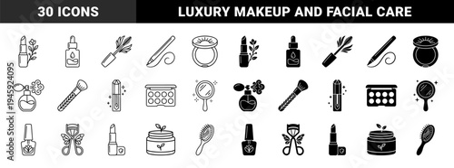 Professional beauty and cosmetic icons featuring hybrid floral elements with skincare bottles makeup brushes and luxury perfume dispensers