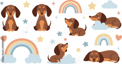 Cute Dachshund Puppy Cartoon Collection with Rainbow, Clouds, Stars and Adorable Dog Character Poses for Nursery Style Vector Illustration Set