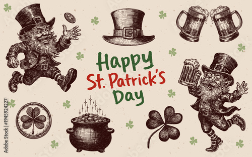 Happy St. Patrick’s Day symbols set with hand drawn sketch elements cheerful leprechauns holding frothy beer mug tossing gold coin top hat clinking mugs sparkling pot of gold coins shamrock clover