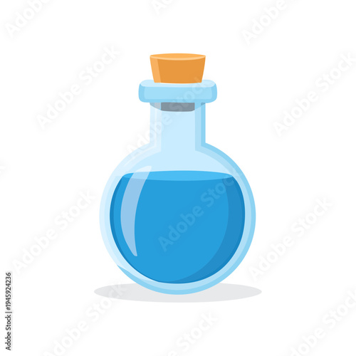 A blue potion in a round glass bottle with a cork