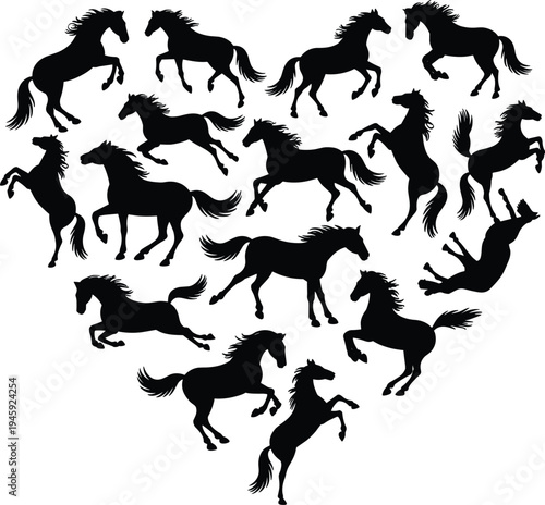 Running horse silhouettes collection, galloping stallion vector set, wild equine animals in motion, farm ranch horse illustration