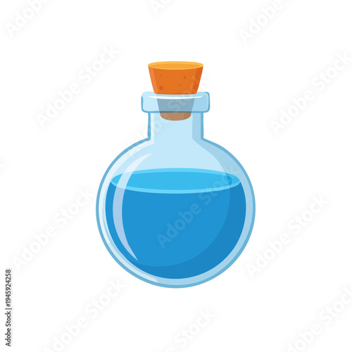 A transparent potion bottle with blue liquid and a cork closure