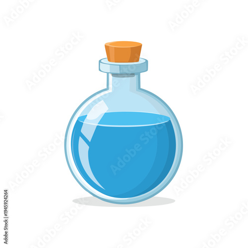 A cute glass bottle filled with a vibrant blue liquid, capped with a cork, symbolizing a potion or magical concoction. A touch of fantasy and enchantment is visible in this artistic image