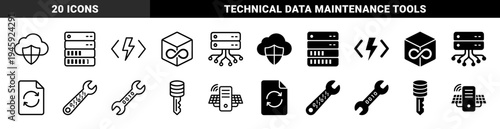 Cloud security and server infrastructure management icons featuring hybrid designs with binary wrench database key and renewable energy data center
