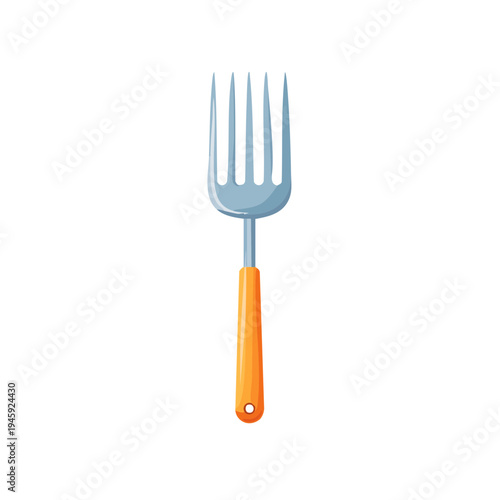 A graphic representation of a fork with orange handle on a bright background. It's a culinary tool used to pick up food
