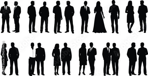 People silhouettes, social interaction, conversation pairs, group dynamics, formal attire, casual clothing, relationship icons, abstract illustration, stock vector