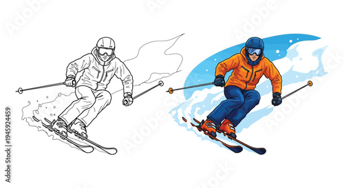 Vector graphic illustration showing a skier in motion with both colored and line art versions