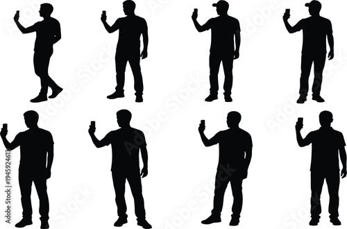 People taking selfies silhouettes, smartphone users illustration, mobile phone poses art, social media icons, modern communication vector, technology lifestyle design