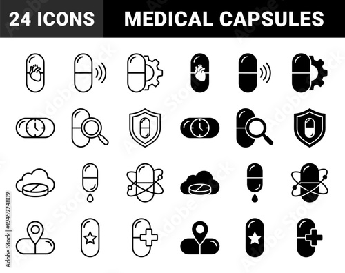Biomedical pharmaceutical hybrid icon set featuring pill capsules merged with heart clock gear magnifying glass shield and cloud symbols