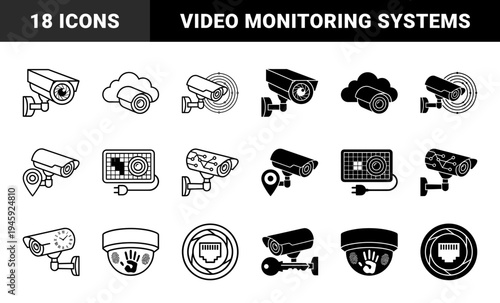 Hybrid security camera surveillance icons merging video monitoring with cloud storage biometric data network connectivity and motion detection concepts