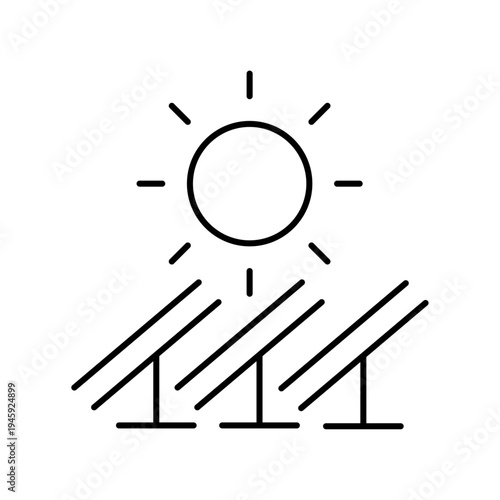 Solar Energy Icon, Solar energy icon Black and white outline vector, Simple outline style. Sun with lightning bolt, technology, nature, eco, ecology, sunlight, environment concept. Thin line symbol.