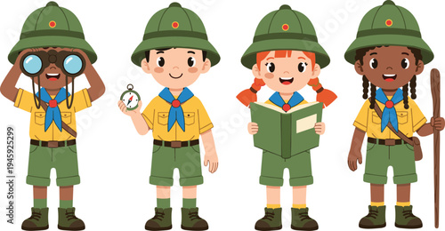 Cartoon children in scout uniforms exploring outdoors with binoculars, compass, book, and walking stick, teamwork adventure learning nature exploration