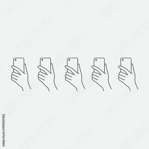 Five hands holding smartphones in a row, minimalist line