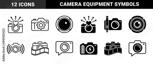 Photography and camera hybrid icons combining digital slr hardware with creative symbols like film strips hearts gear and speech bubbles