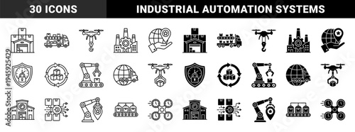 Logistics and Industrial Automation Icon Set Featuring Smart Warehouse Robotic Arm Delivery Drone and Global Supply Chain Management Systems