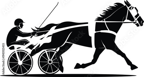 Horse harness racing with driver sulky cart, trotting race sport concept, equestrian competition vector silhouette isolated illustration