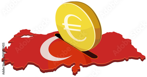 An euro coin being inserted into a Turkey map shaped piggy bank, representing financial cooperation, trade and national savings. (cut out)