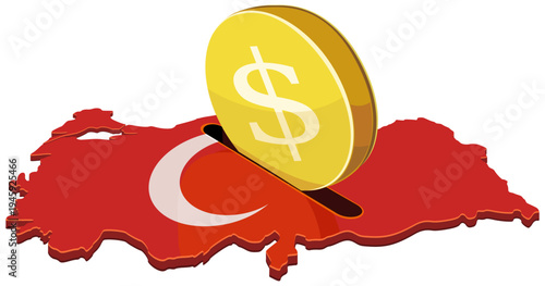 A dollar coin being inserted into a Turkey map shaped piggy bank, representing national savings, economic growth and financial investment. (cut out)