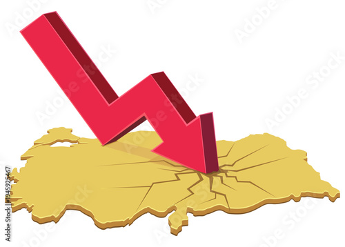 A red downward arrow crashing into a golden Turkey map, representing economic collapse, bankruptcy and financial crisis impact. (cut out)