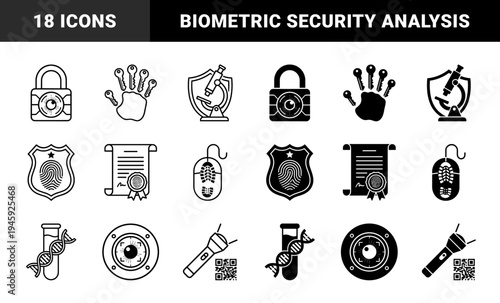 Forensic Investigation and Biometric Security Icon Hybrid Concept Featuring DNA Test Tube Microscope Shield Fingerprint and Surveillance Eye
