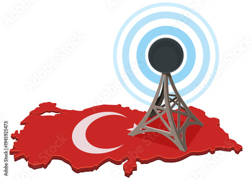 Isometric map of Turkey with the national flag and a broadcasting tower emitting signal waves representing connectivity, media, and digital infrastructure (cut out)