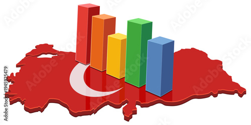 Colorful bar chart on a Turkey map, representing economic statistics, data analysis, demographic growth and business performance. (cut out)
