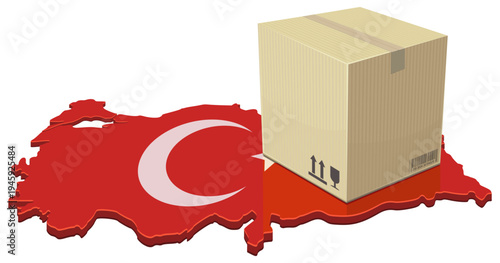 Isometric map of Turkey featuring the national flag with a large cardboard parcel box symbolizing global shipping, e-commerce, and freight distribution (cut out)