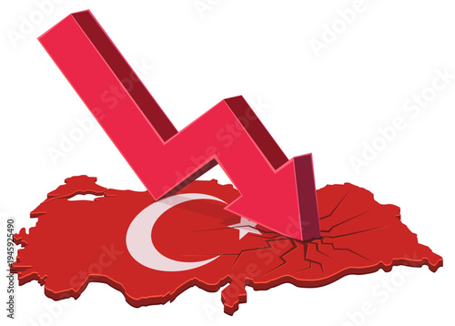 A red downward arrow crashing into and cracking a Turkey map, representing economic collapse, recession and financial instability. (cut out)