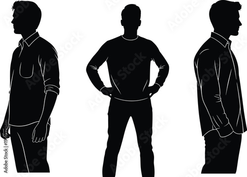 Silhouette people standing poses, black shadow figures, human posture art, body language design, fashion outline, abstract illustration, stock photo