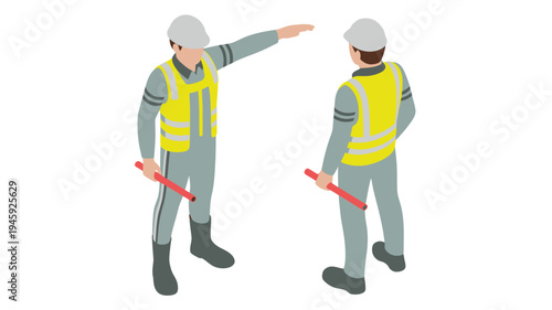 Construction Worker Directing with Red Wand Isometric Isolated on White