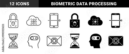 Biometric Security and Digital Data Processing Symbols Featuring Facial Recognition Locks Hourglass With Binary Code and Cyber Cloud Targeting