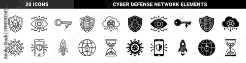 Cybersecurity and Data Protection Hybrid Symbolism Featuring Shield Bug Eye Chip Cloud Smartphone Rocket Globe and Hourglass Elements